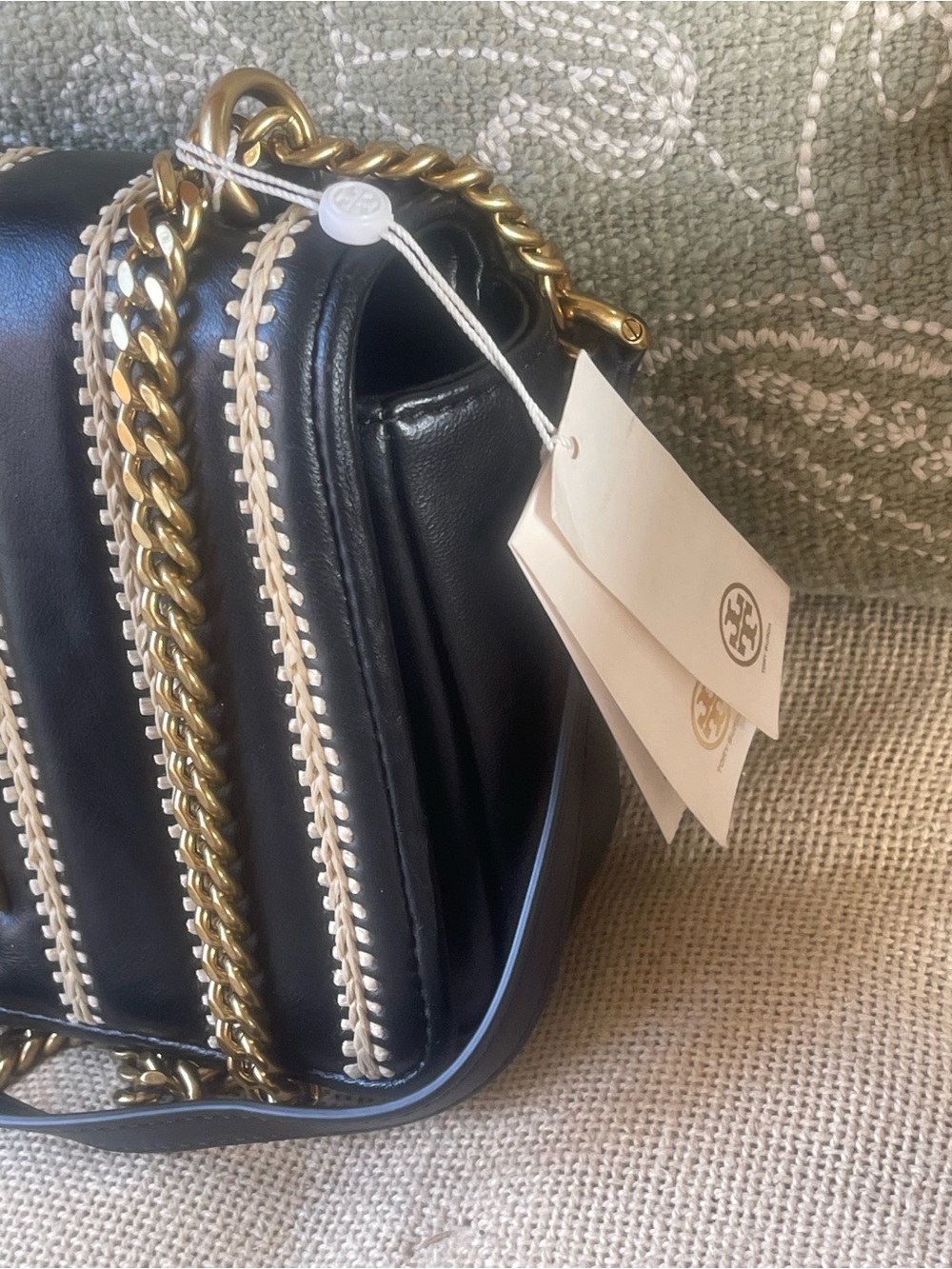 NWT Tory Burch Kira Whipstitch Leather Stripe Chain Shoulder Bag 🖤✨ - Picture 3 of 7